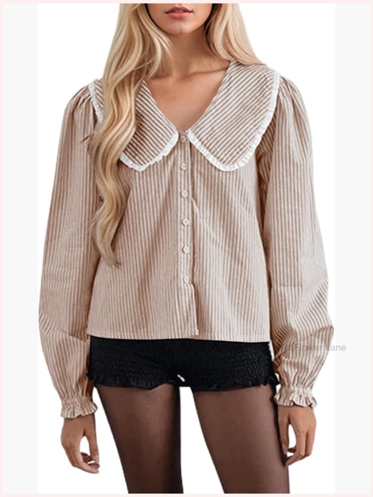 Striped Button Down Blouse Long Puff Sleeve V Neck Loose Fit Babydoll Top